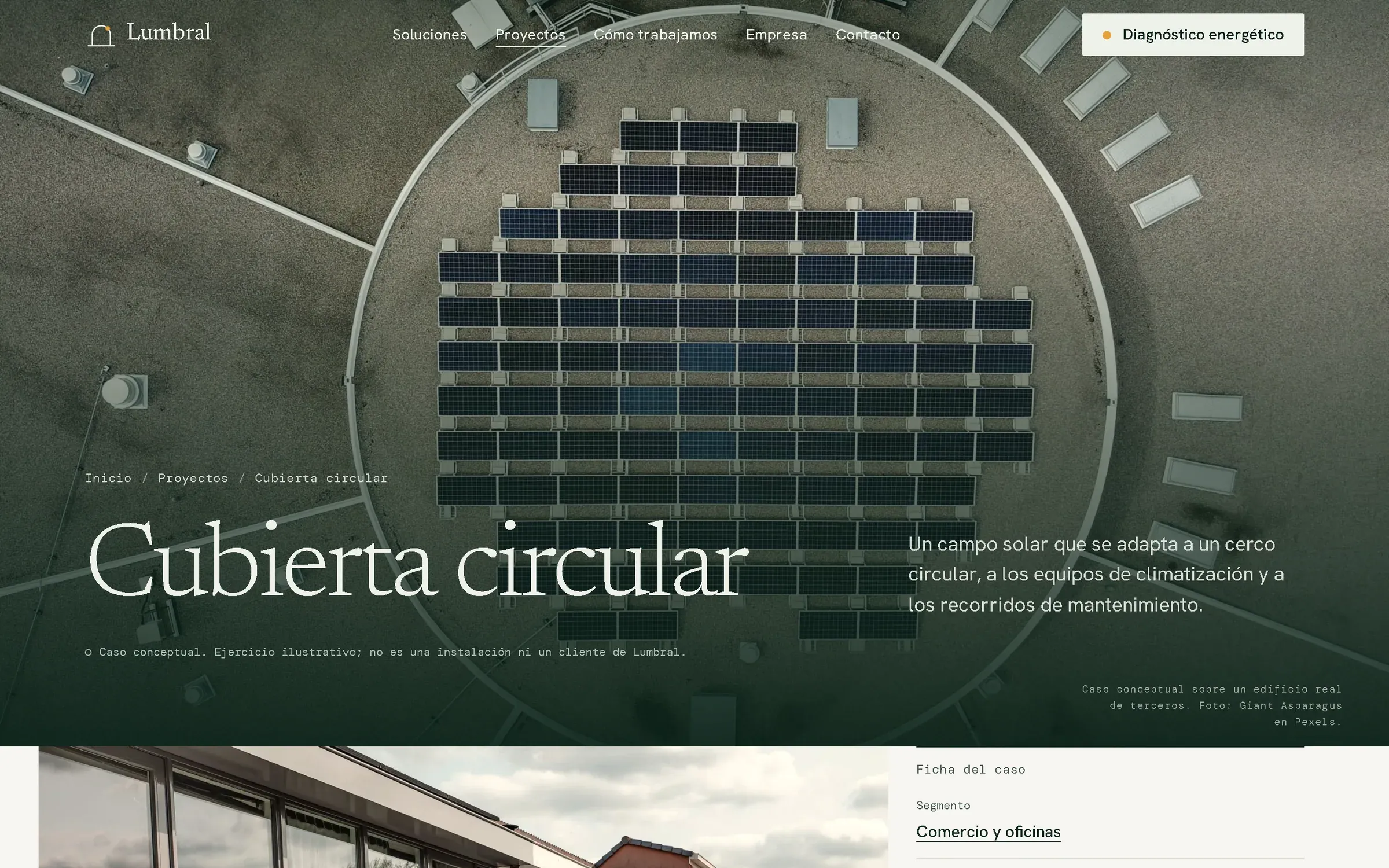 Página del caso conceptual «Cubierta circular», con foto aérea