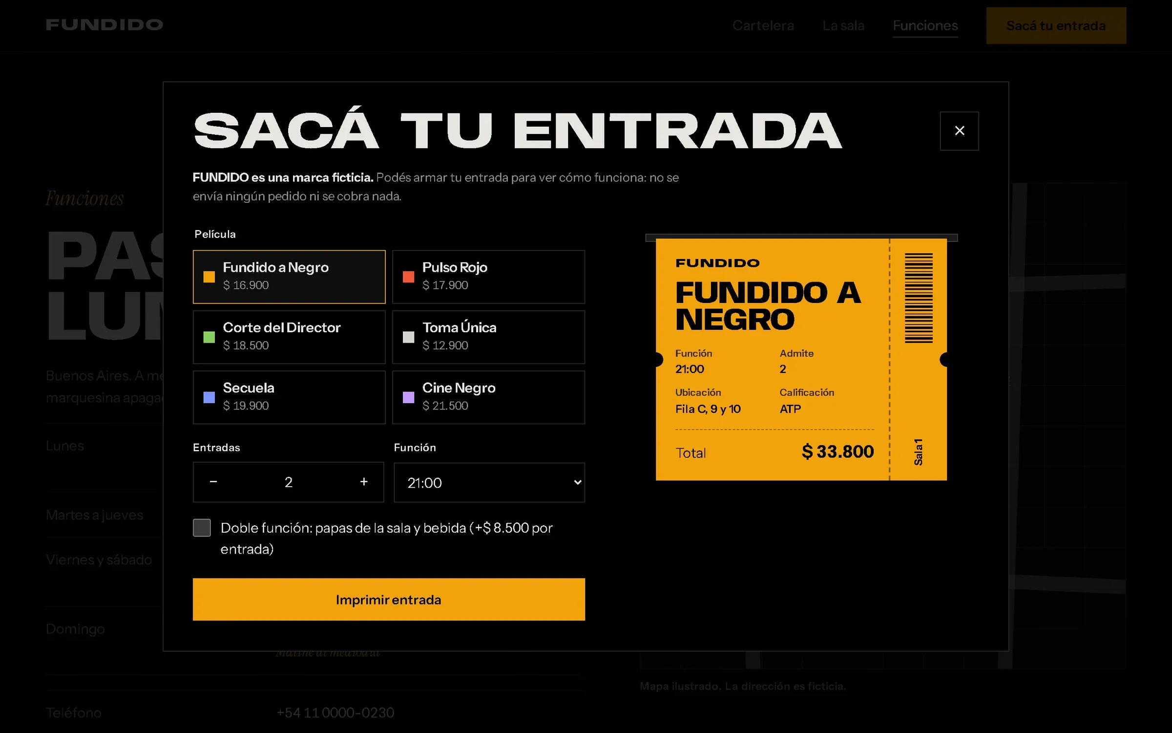 Ventana «Sacá tu entrada» con la vista previa de la entrada y el aviso de marca ficticia