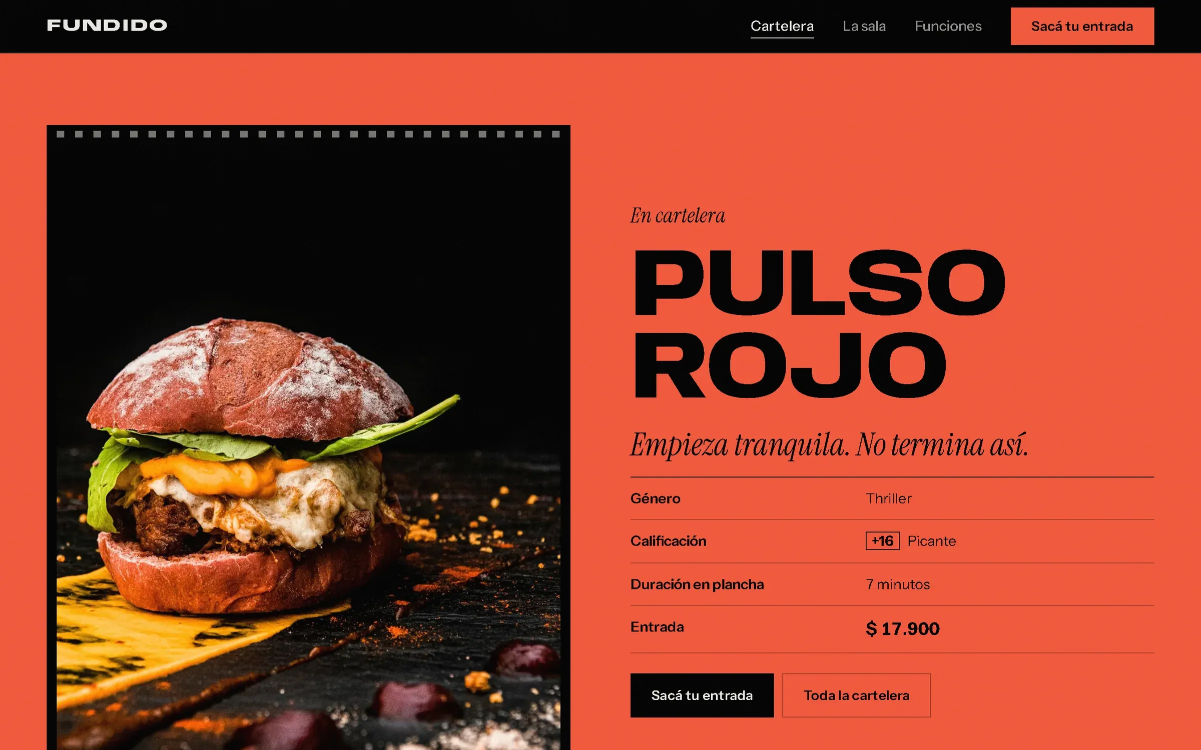 Ficha de la hamburguesa Pulso Rojo con género, calificación, minutos en plancha y precio