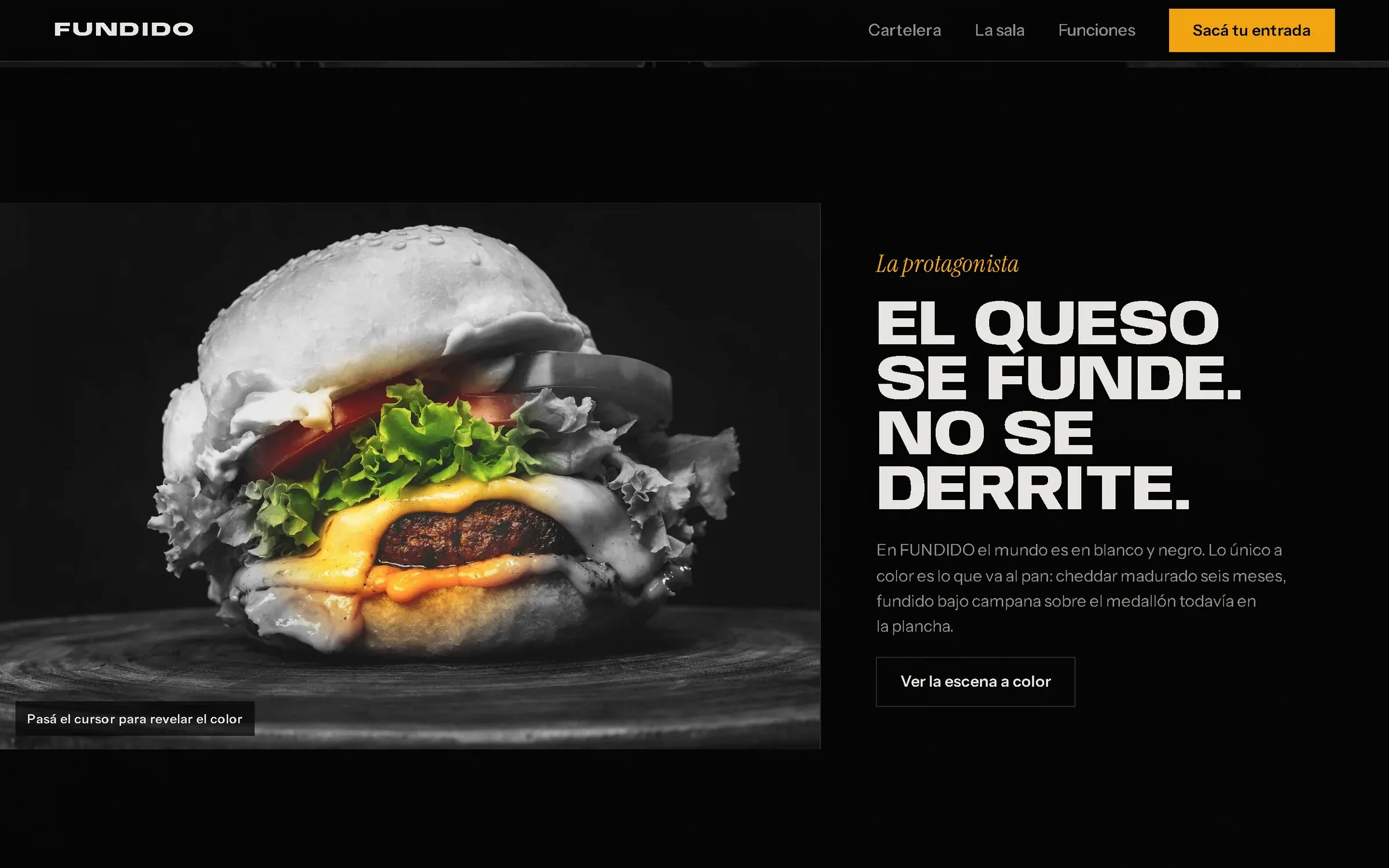 Sección «El queso se funde. No se derrite.» con la hamburguesa en blanco y negro y el color revelado bajo el cursor